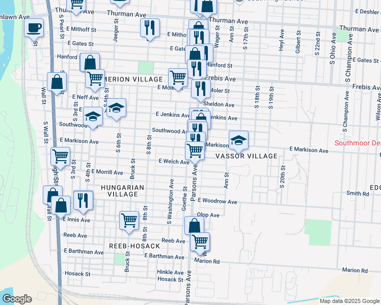 map of restaurants, bars, coffee shops, grocery stores, and more near 410 East Welch Avenue in Columbus