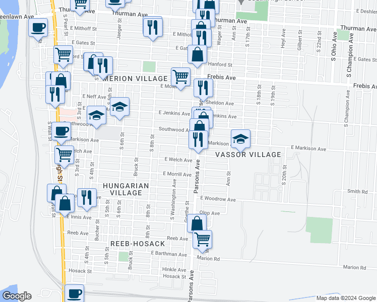 map of restaurants, bars, coffee shops, grocery stores, and more near 410 East Welch Avenue in Columbus
