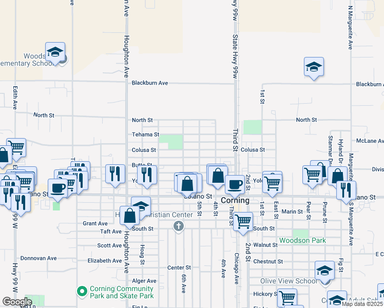 map of restaurants, bars, coffee shops, grocery stores, and more near 1309 Colusa Street in Corning