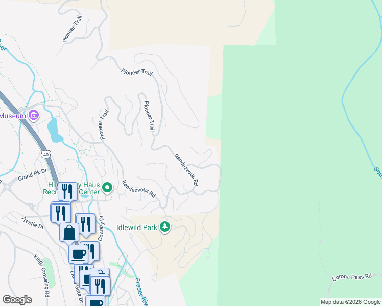 map of restaurants, bars, coffee shops, grocery stores, and more near 161 Trails End Way in Granby
