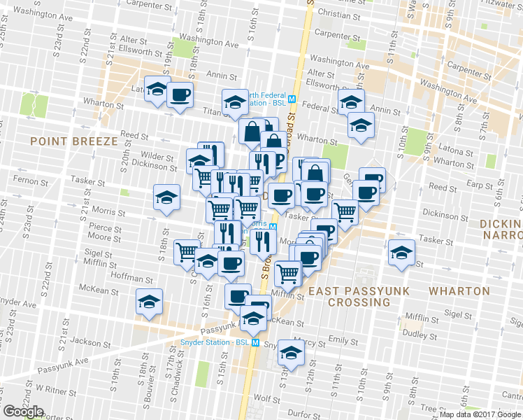 map of restaurants, bars, coffee shops, grocery stores, and more near Tasker St & S Carlisle St in Philadelphia