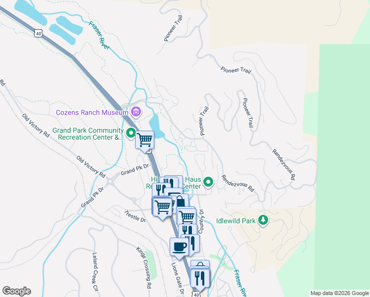 map of restaurants, bars, coffee shops, grocery stores, and more near 507 High Country Drive in Winter Park