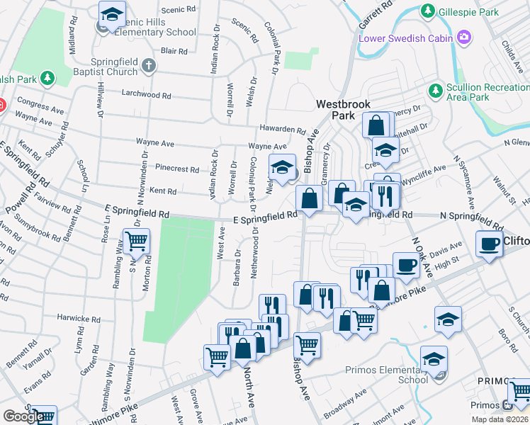 map of restaurants, bars, coffee shops, grocery stores, and more near 9 Netherwood Drive in Springfield