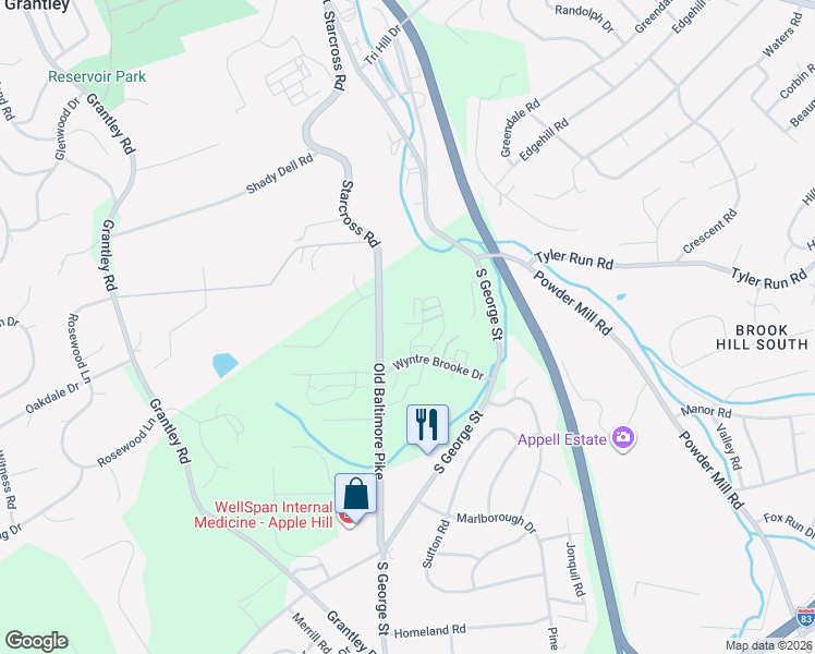 map of restaurants, bars, coffee shops, grocery stores, and more near 2002 Wyntre Brooke Drive in York