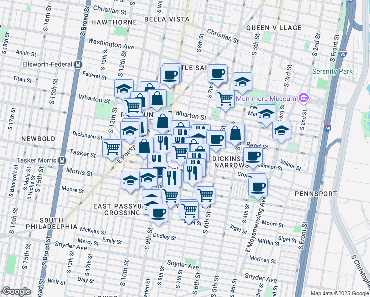 map of restaurants, bars, coffee shops, grocery stores, and more near 1441 South 8th Street in Philadelphia