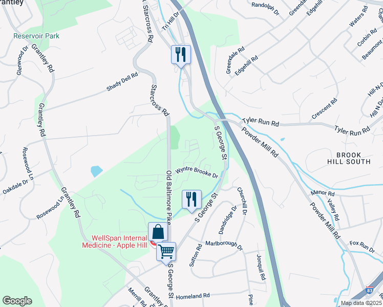 map of restaurants, bars, coffee shops, grocery stores, and more near 1682 Wyntre Brooke Drive in York