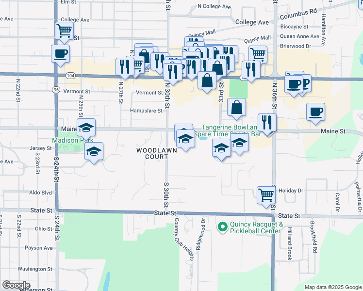 map of restaurants, bars, coffee shops, grocery stores, and more near 3000 Maine Street in Quincy