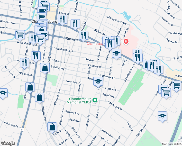 map of restaurants, bars, coffee shops, grocery stores, and more near 509 East Catherine Street in Chambersburg