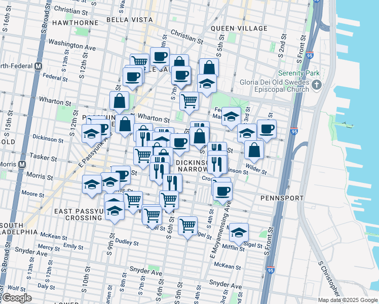 map of restaurants, bars, coffee shops, grocery stores, and more near 532 Gerritt Street in Philadelphia