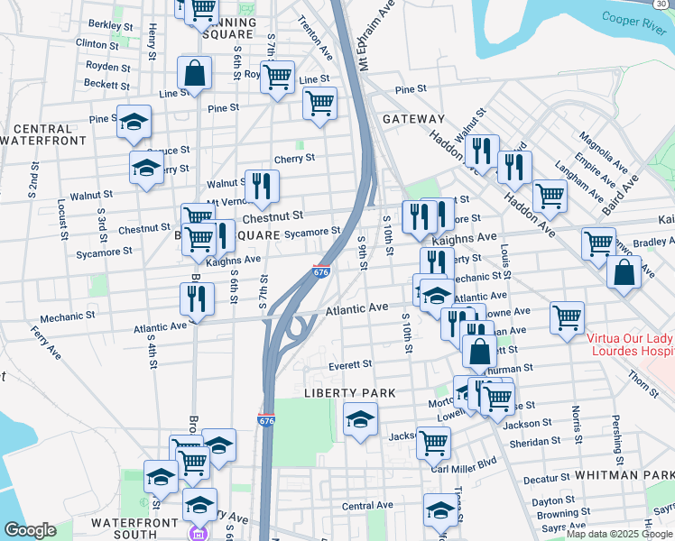 map of restaurants, bars, coffee shops, grocery stores, and more near 801 Liberty Street in Camden