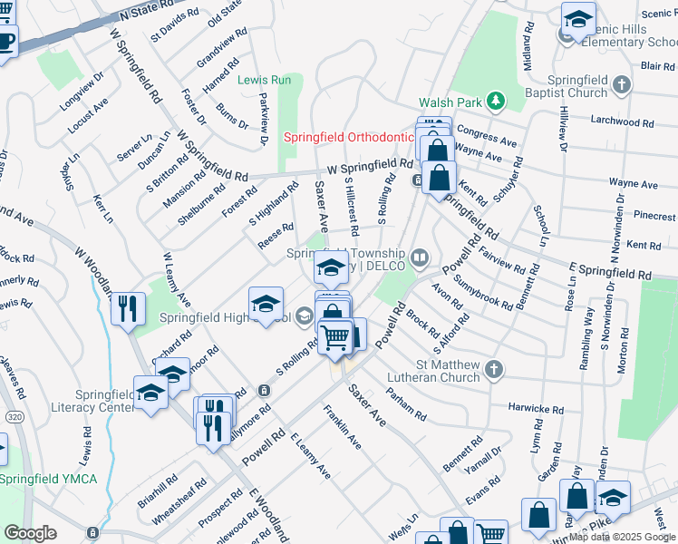 map of restaurants, bars, coffee shops, grocery stores, and more near 146 South Rolling Road in Springfield