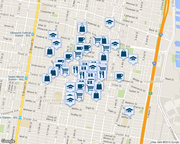 map of restaurants, bars, coffee shops, grocery stores, and more near 1428 South Beulah Street in Philadelphia