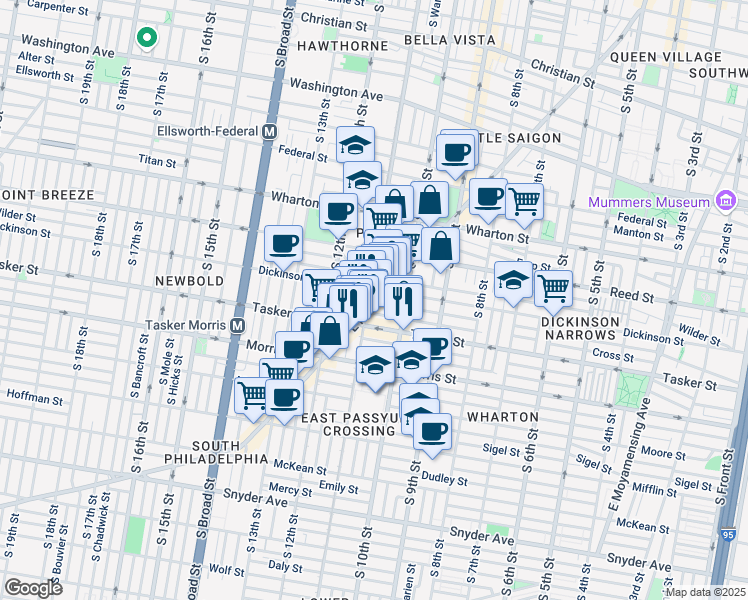 map of restaurants, bars, coffee shops, grocery stores, and more near 1514 East Passyunk Avenue in Philadelphia