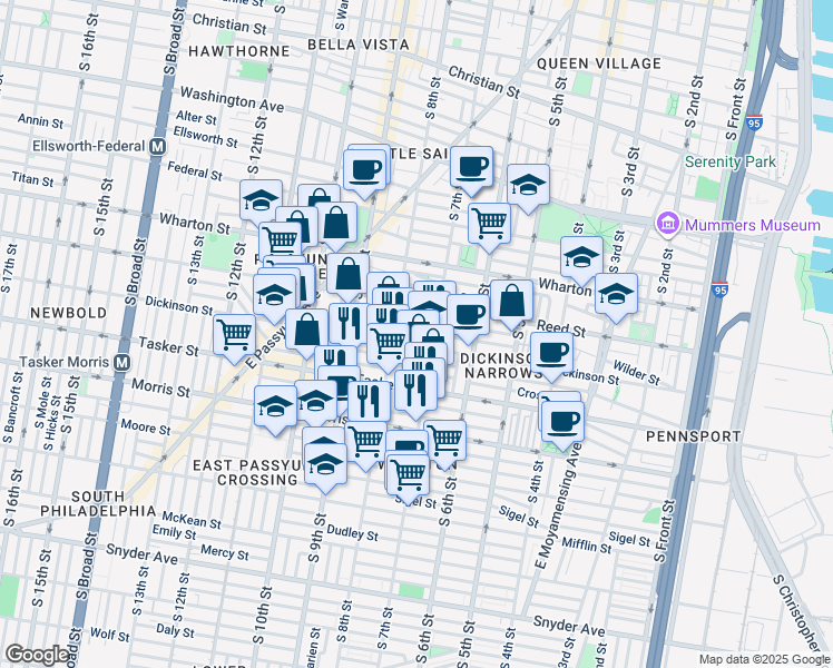 map of restaurants, bars, coffee shops, grocery stores, and more near 1428 South Beulah Street in Philadelphia