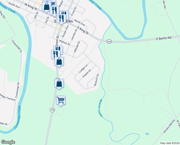 map of restaurants, bars, coffee shops, grocery stores, and more near 121 Twig Terrace in East Berlin