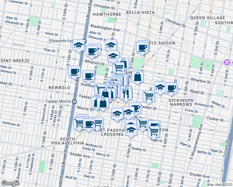 map of restaurants, bars, coffee shops, grocery stores, and more near 1508 East Passyunk Avenue in Philadelphia