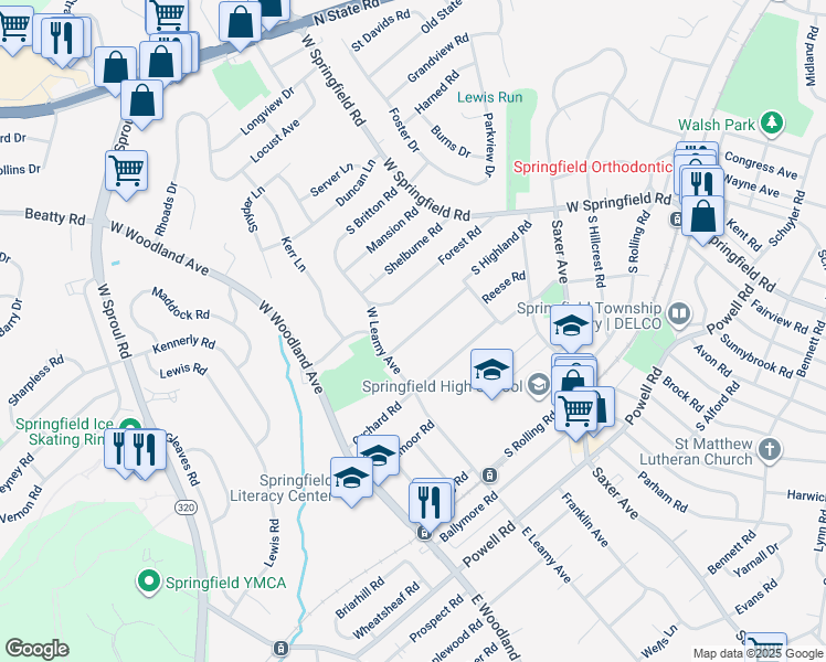 map of restaurants, bars, coffee shops, grocery stores, and more near 232 South Highland Road in Springfield