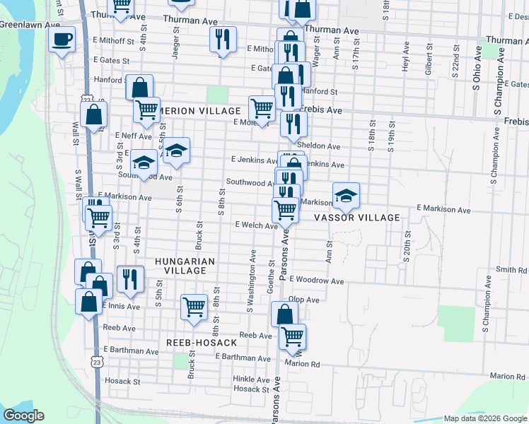 map of restaurants, bars, coffee shops, grocery stores, and more near 359 East Welch Avenue in Columbus