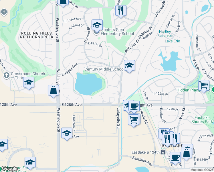 map of restaurants, bars, coffee shops, grocery stores, and more near 1286 East 130th Avenue in Thornton