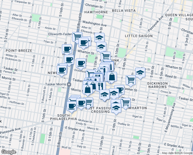 map of restaurants, bars, coffee shops, grocery stores, and more near 1548 East Passyunk Avenue in Philadelphia