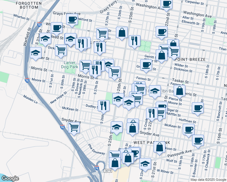 map of restaurants, bars, coffee shops, grocery stores, and more near 1800 South 25th Street in Philadelphia