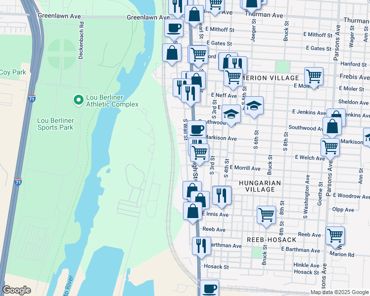 map of restaurants, bars, coffee shops, grocery stores, and more near 20 South Wall Street in Columbus