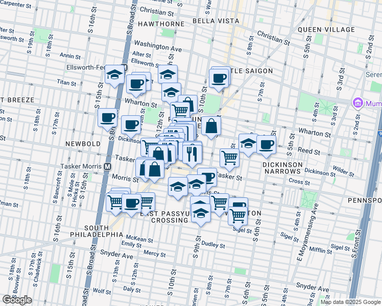 map of restaurants, bars, coffee shops, grocery stores, and more near 1504 South 10th Street in Philadelphia