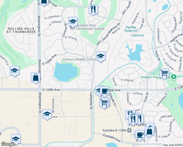 map of restaurants, bars, coffee shops, grocery stores, and more near 1445 East 128th Court in Thornton