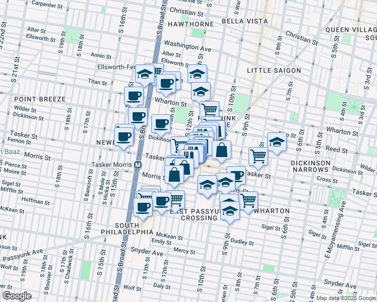 map of restaurants, bars, coffee shops, grocery stores, and more near 1141 Linn Street in Philadelphia