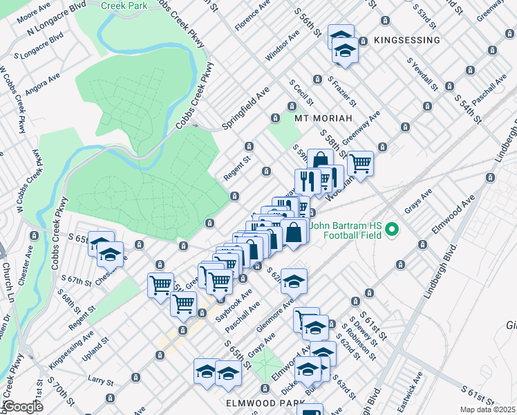 map of restaurants, bars, coffee shops, grocery stores, and more near 2052 South 61st Street in Philadelphia
