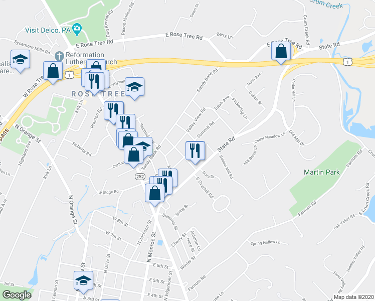 map of restaurants, bars, coffee shops, grocery stores, and more near 210 Summit Road in Media