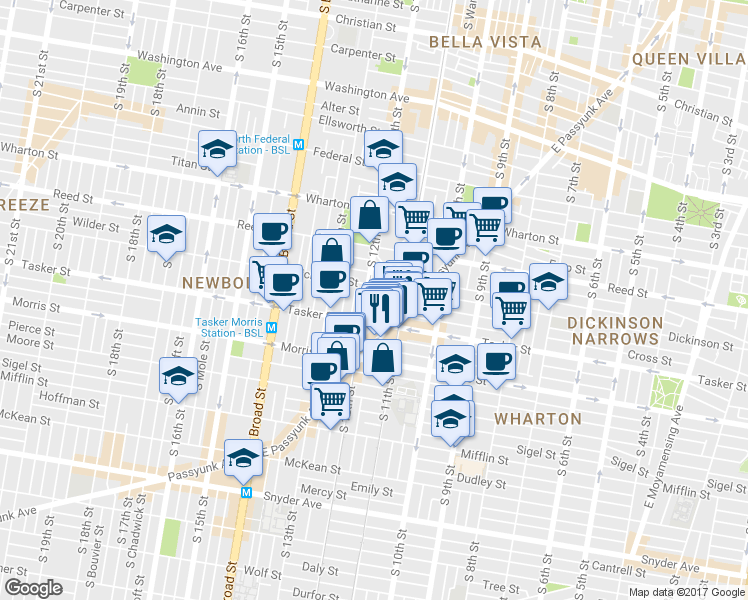 map of restaurants, bars, coffee shops, grocery stores, and more near 1141 Linn Street in Philadelphia