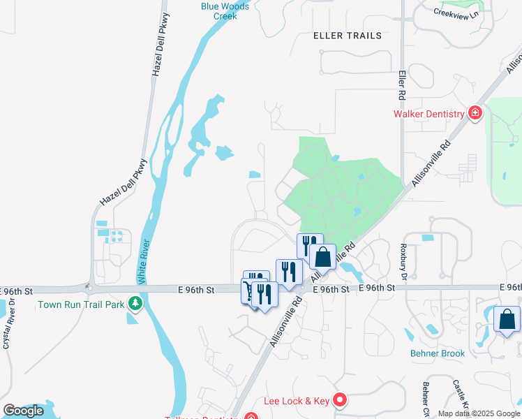 map of restaurants, bars, coffee shops, grocery stores, and more near 9622 Allisonville Road in Indianapolis