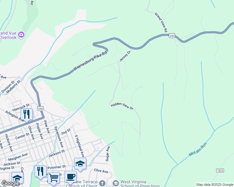 map of restaurants, bars, coffee shops, grocery stores, and more near 31 Hidden View Drive in Moundsville