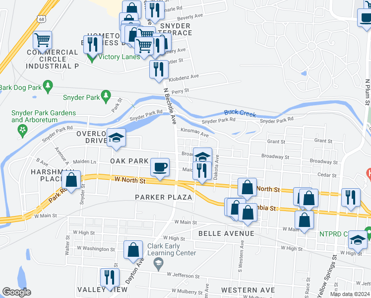 map of restaurants, bars, coffee shops, grocery stores, and more near 1328 Broadway Street in Springfield