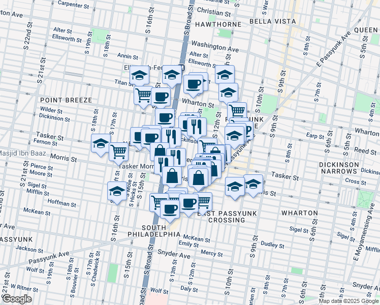 map of restaurants, bars, coffee shops, grocery stores, and more near 1606 South 13th Street in Philadelphia