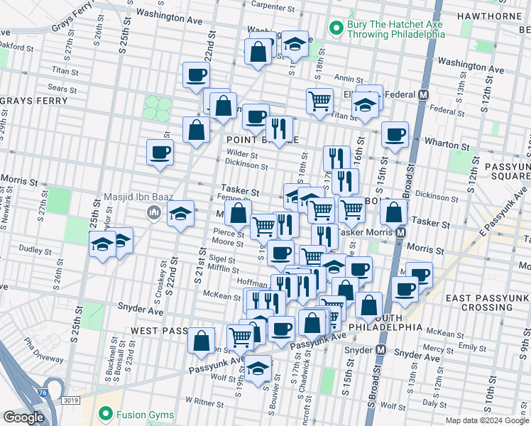 map of restaurants, bars, coffee shops, grocery stores, and more near 1911 Watkins Street in Philadelphia