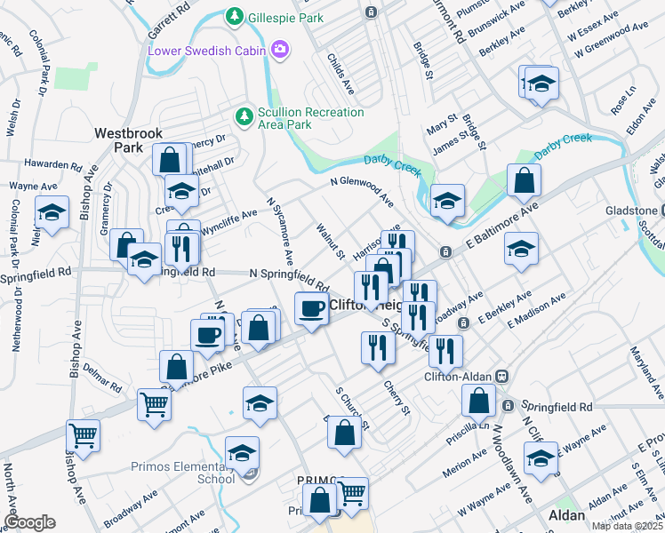 map of restaurants, bars, coffee shops, grocery stores, and more near 16 Harrison Avenue in Clifton Heights