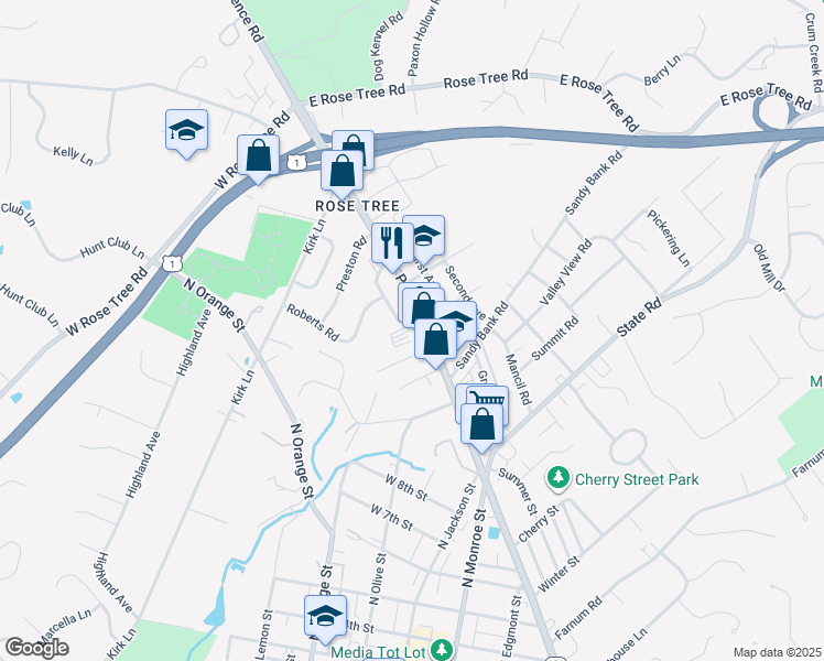 map of restaurants, bars, coffee shops, grocery stores, and more near 113 Carlton Place in Media