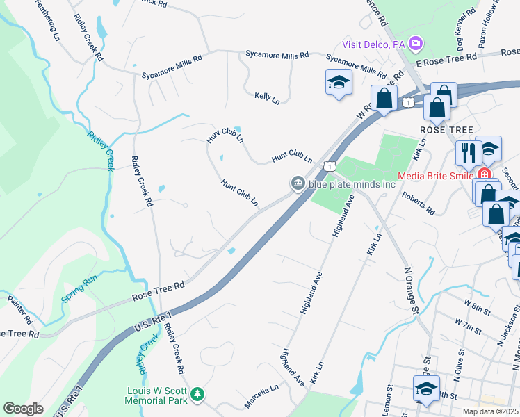 map of restaurants, bars, coffee shops, grocery stores, and more near 300 West Rose Tree Road in Media