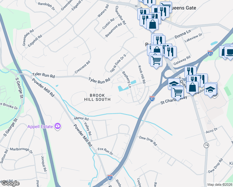 map of restaurants, bars, coffee shops, grocery stores, and more near 206 Howards End in York