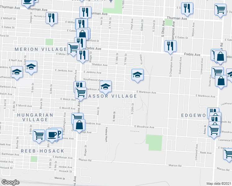 map of restaurants, bars, coffee shops, grocery stores, and more near 1666 South 18th Street in Columbus