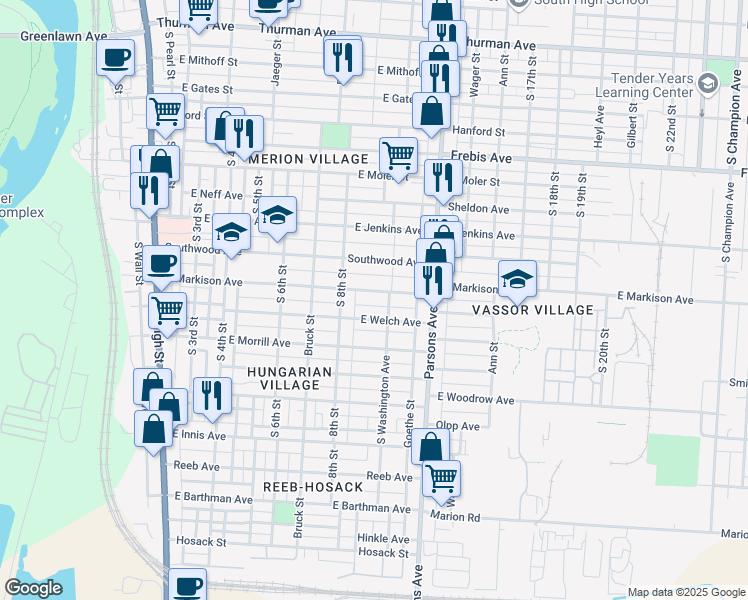 map of restaurants, bars, coffee shops, grocery stores, and more near 359 East Welch Avenue in Columbus