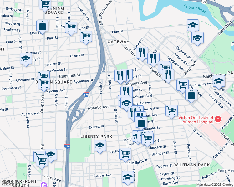 map of restaurants, bars, coffee shops, grocery stores, and more near 1028 Liberty Street in Camden