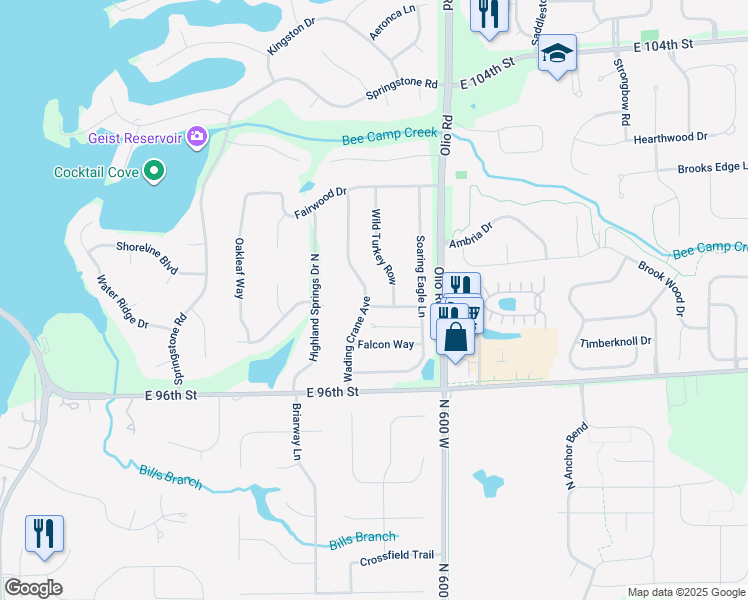 map of restaurants, bars, coffee shops, grocery stores, and more near 13650 Diving Hawk Cross in McCordsville