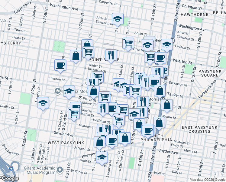 map of restaurants, bars, coffee shops, grocery stores, and more near 1810 Morris Street in Philadelphia
