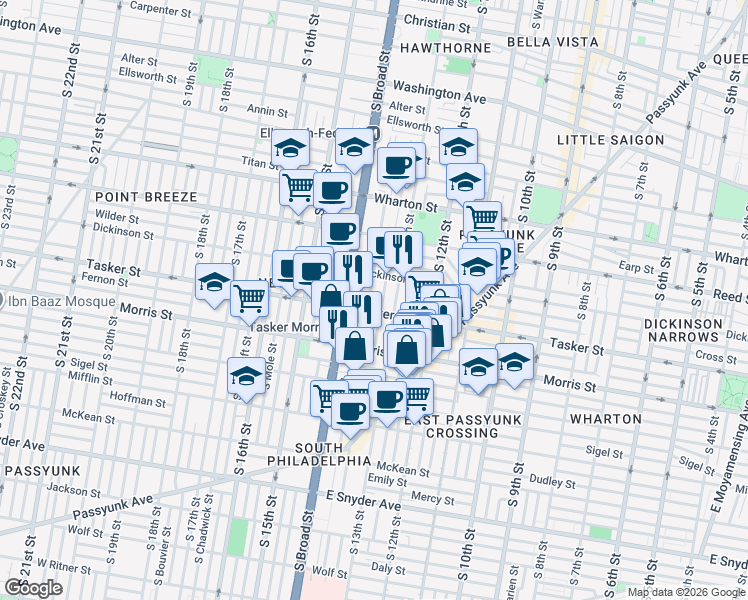 map of restaurants, bars, coffee shops, grocery stores, and more near 1606 South 13th Street in Philadelphia