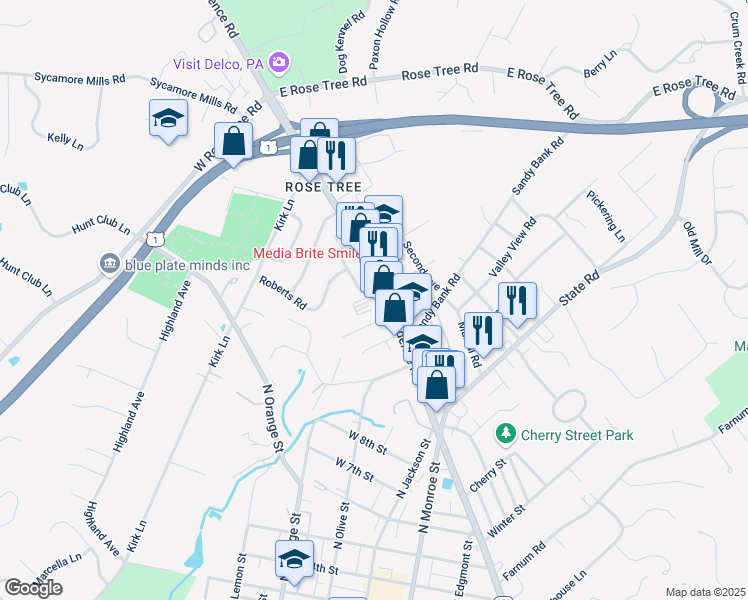 map of restaurants, bars, coffee shops, grocery stores, and more near 113 Carlton Place in Media