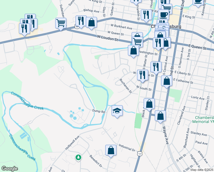 map of restaurants, bars, coffee shops, grocery stores, and more near 641 Candlestick Court in Chambersburg