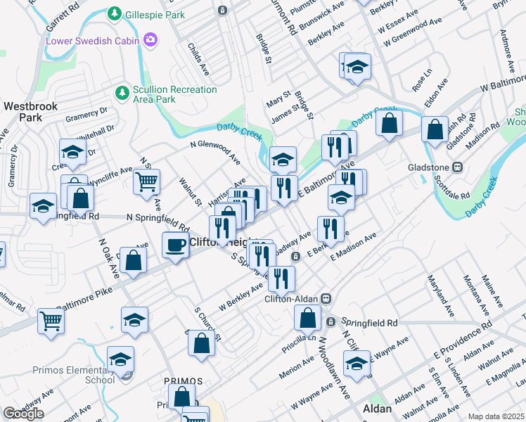 map of restaurants, bars, coffee shops, grocery stores, and more near 155 East Baltimore Avenue in Clifton Heights